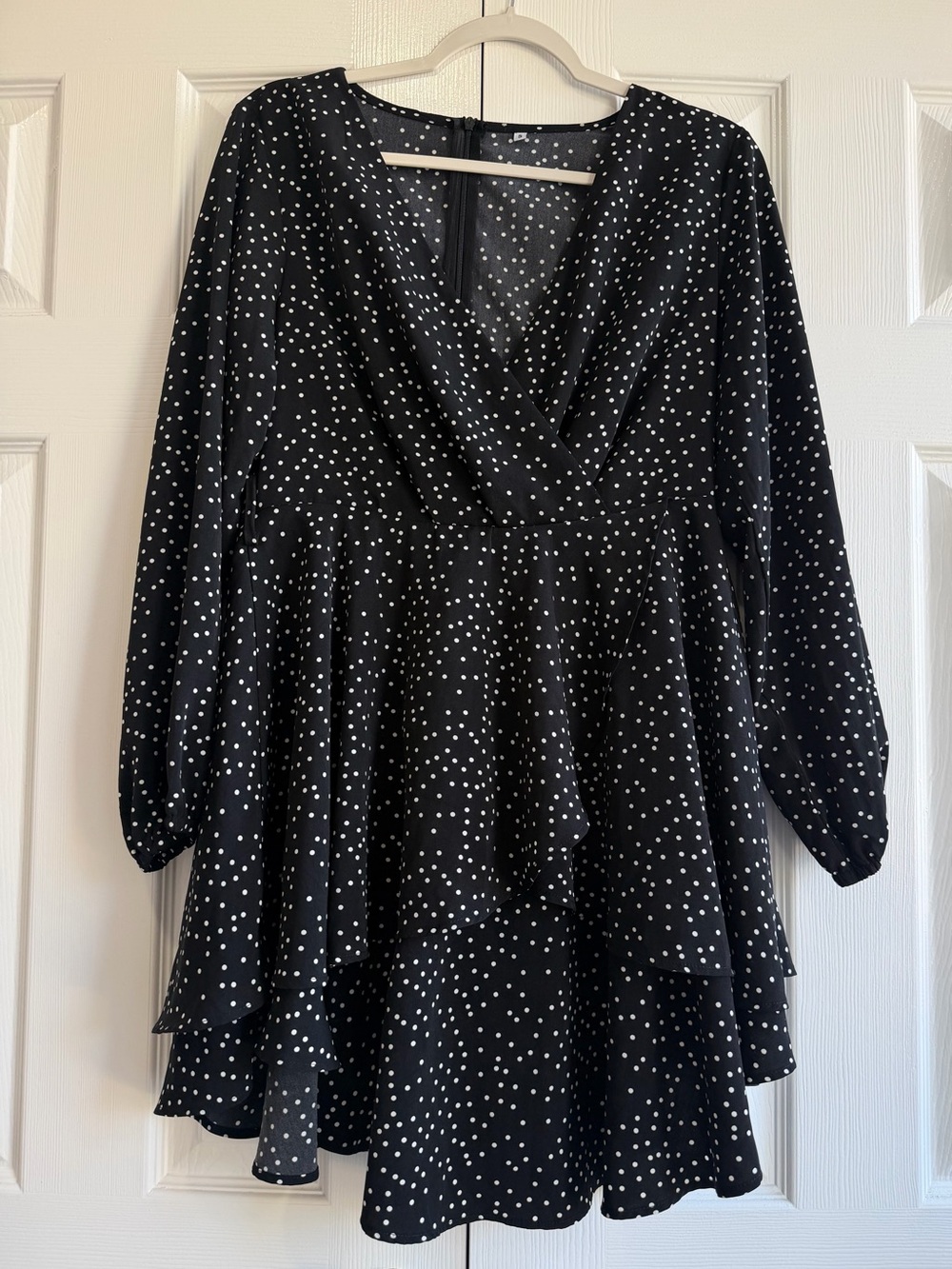 Black Polka Dot Long-Sleeve Wrap Dress Top